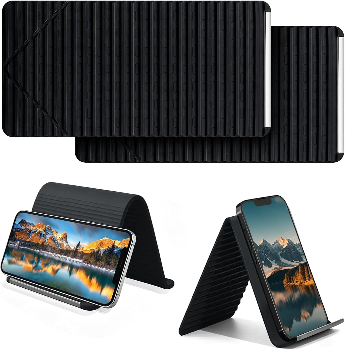 Foldable Silicone Phone Stand, 2-Pack Black, Anti-Slip, Multi-Angle