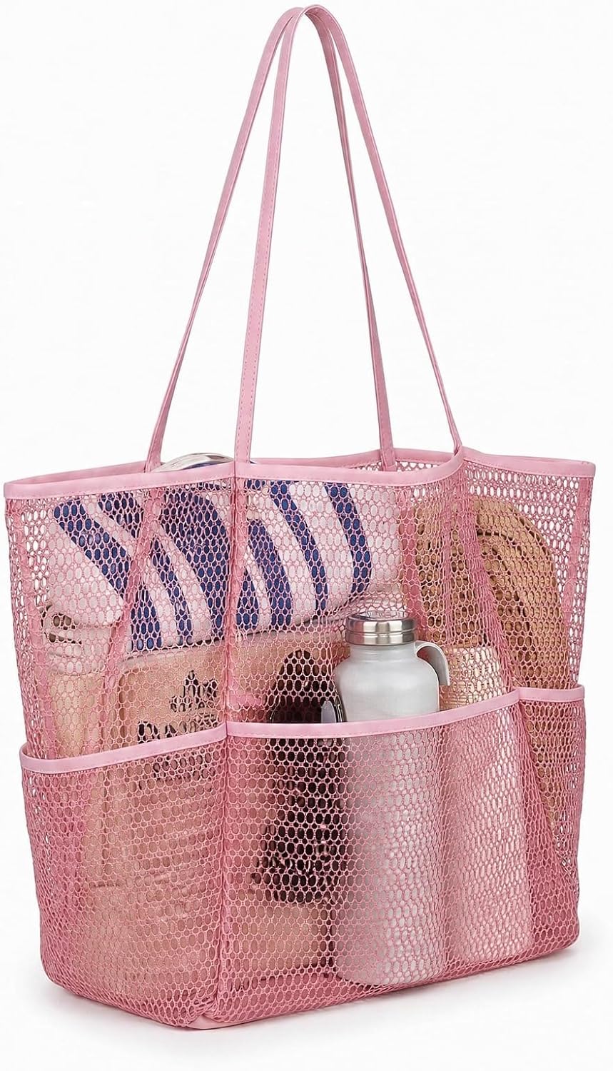 5-Pocket Foldable Mesh Beach Tote for Women, Water-Resistant Sand-Proof Travel Pool Vacation Carryall