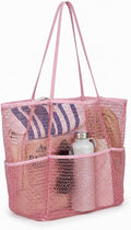 5-Pocket Foldable Mesh Beach Tote for Women, Water-Resistant Sand-Proof Travel Pool Vacation Carryall