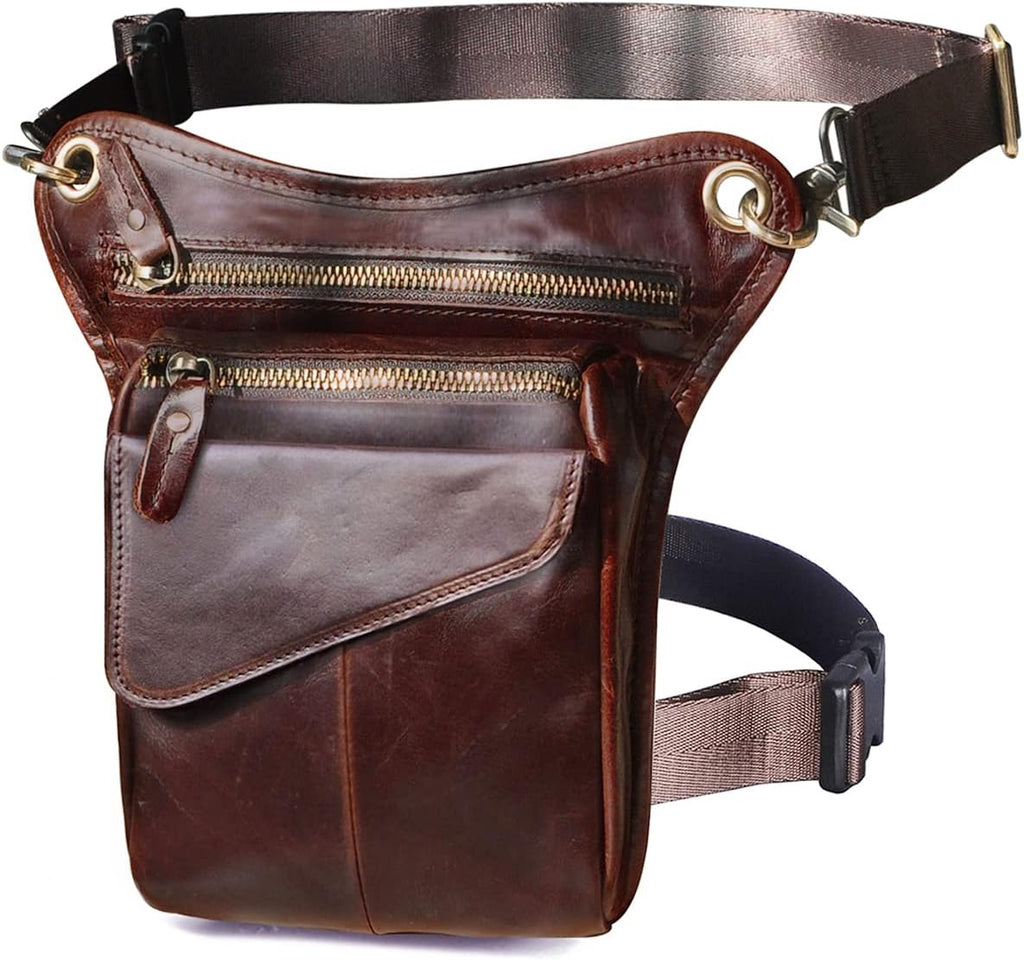 Le'aokuu Mens Genuine Leather Messenger Hiking Waist Hip Bum Pack Drop Leg Bag 211-3