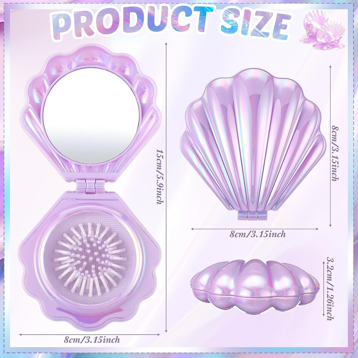 AceOrbit 6 Pcs Mermaid Party Favors Foldable Shell Hair Brush with Mirror Mini Travel Pocket Compact Hair Brush Makeup Comb for Women Girls Birthday Party Gifts(Purple)