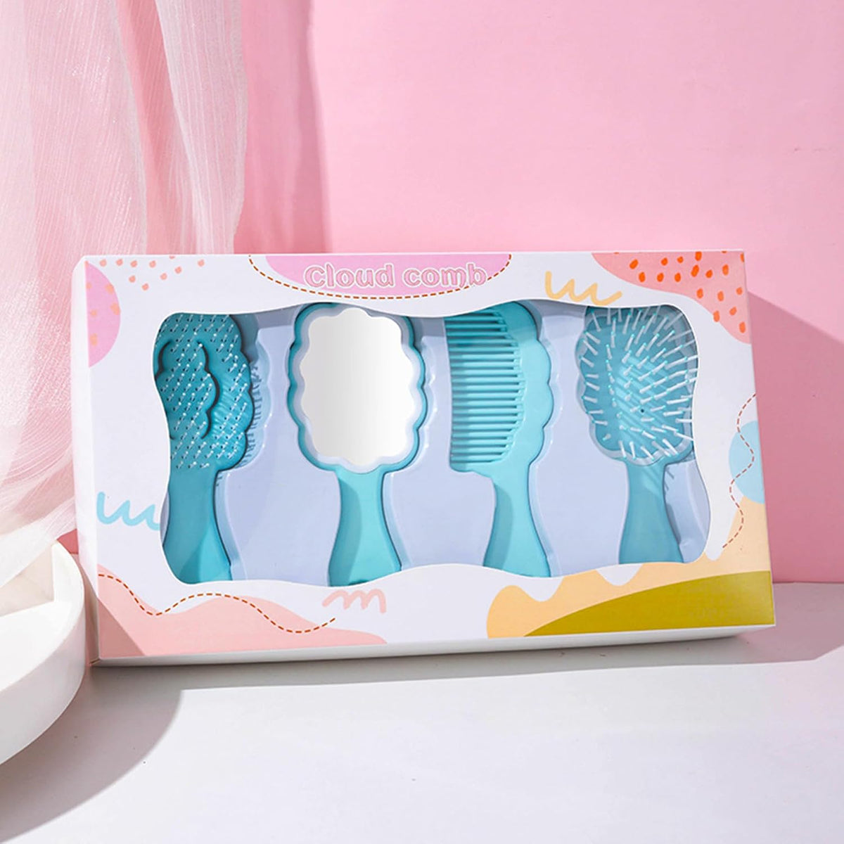 4 Pieces Mini Wet Hair Brush Hair Comb Set For Women Girls Kids Gift Small Cute Cloud shaped Hair Comb Hair Brush Handheld Mirror Set Travel Detangling Comb Massage HairBrush with Air Cushion (Blue)