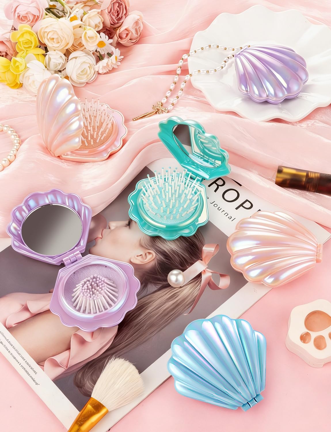 8 Pcs Foldable Travel Shell Hair Brush with Mirror