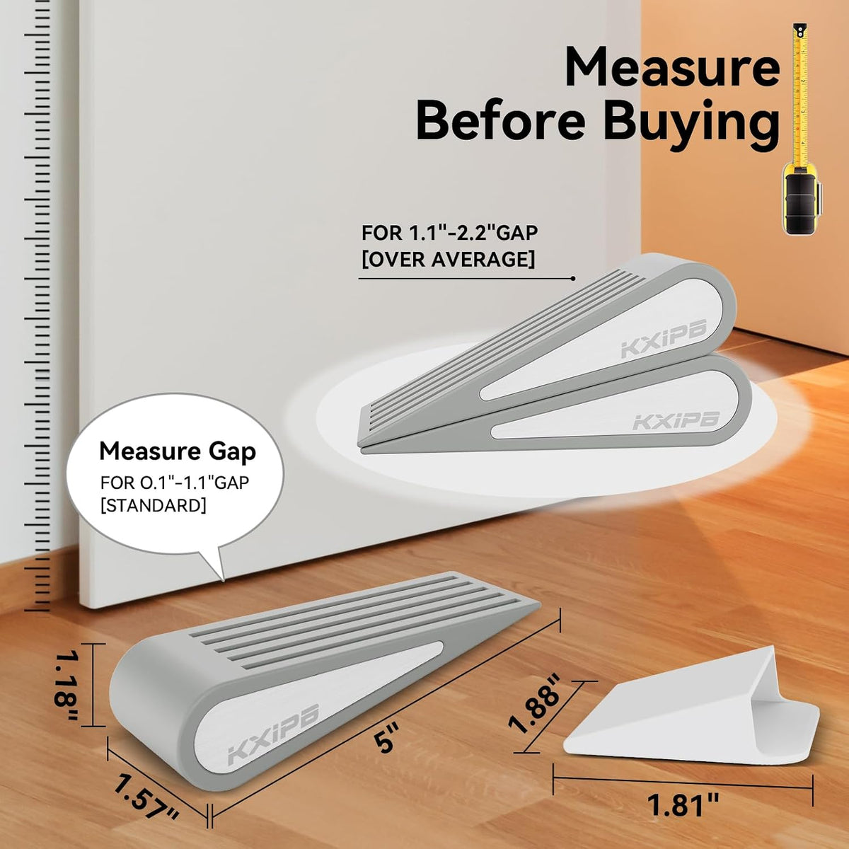 1 Pack Rubber Door Stopper Wedge - Grey Non-Slip Soft TPR High-Elastic & Zinc Alloy Metal Material Door Stops for Bottom of Heavy Duty Door Wall Protector for Home & School with Self Adhesive Holder