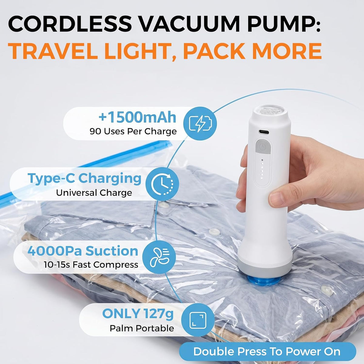15 Pack Travel Vacuum Storage Bags with Rechargeable Cordless Pump, 3 Sizes