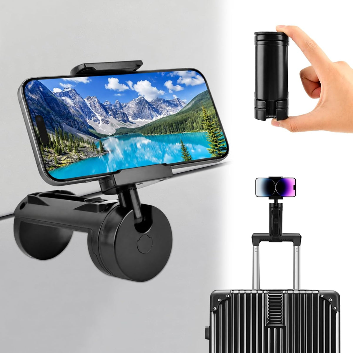 Airplane Phone Holder Mount, Travel Phone Holder with 360° Rotation, Hands Free Clamp Stand for Tray Table, Desk and Luggage Handle, Black