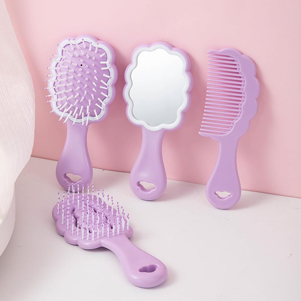 4 Pieces Mini Wet Hair Brush Hair Comb Set For Women Girls Kids Gift Small Cute Cloud shaped Hair Comb Hair Brush Handheld Mirror Set Travel Detangling Comb Massage HairBrush with Air Cushion (Purple)
