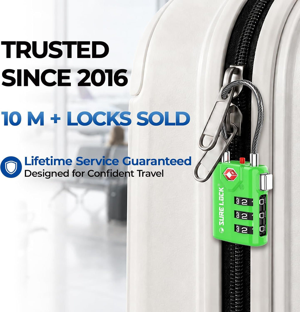 SURE LOCK TSA Approved Luggage Locks with Open Alert Indicator, 3 Digit Combination Cable Travel Lock for Suitcase, Backpack, Gym Locker, Toolbox & Travel Bag（Green 2 Pack