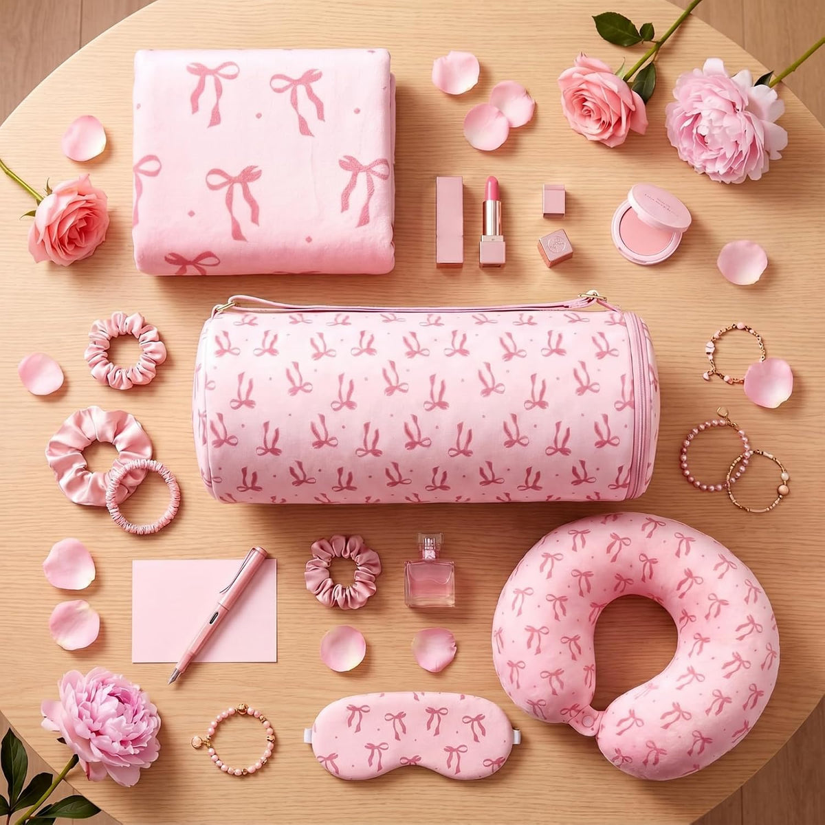 Moukeren 4 Pcs Pink Bow Travel Pillow and Blanket Set for Women and Girls
