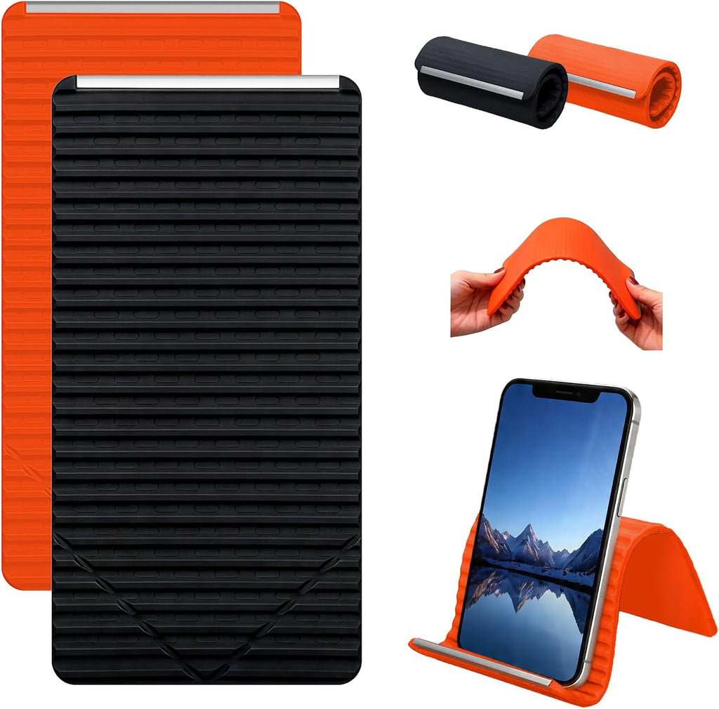 Foldable Phone Stand, Flexible Phone Holder Built-in Aluminum Anti-Slip Silicone Portable Phone Stand for Phone Tablet Laptop Bed Office Airplane Travel Orange-Black
