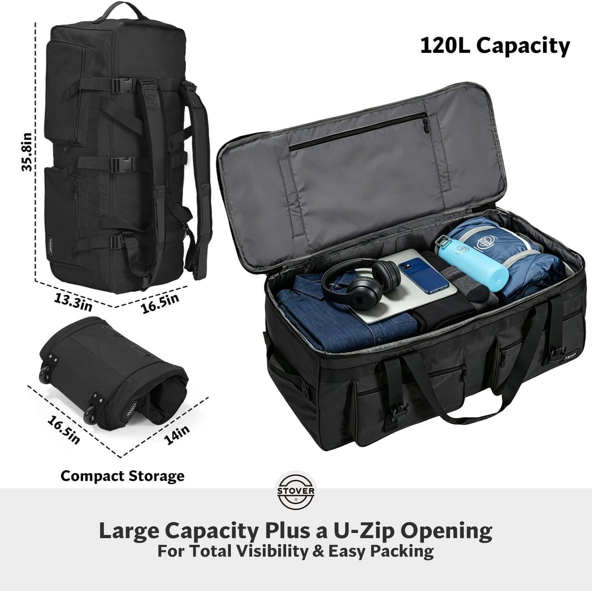 STOVER 45/80/100/120L U-Zip Rolling Duffel Bag with Wheels, X-Large Durable Travel Duffle + Toiletry Bag, Lay-Flat Opening, Packable w/Shoulder Straps- Use as Luggage or Backpack, Men/Women (Black)