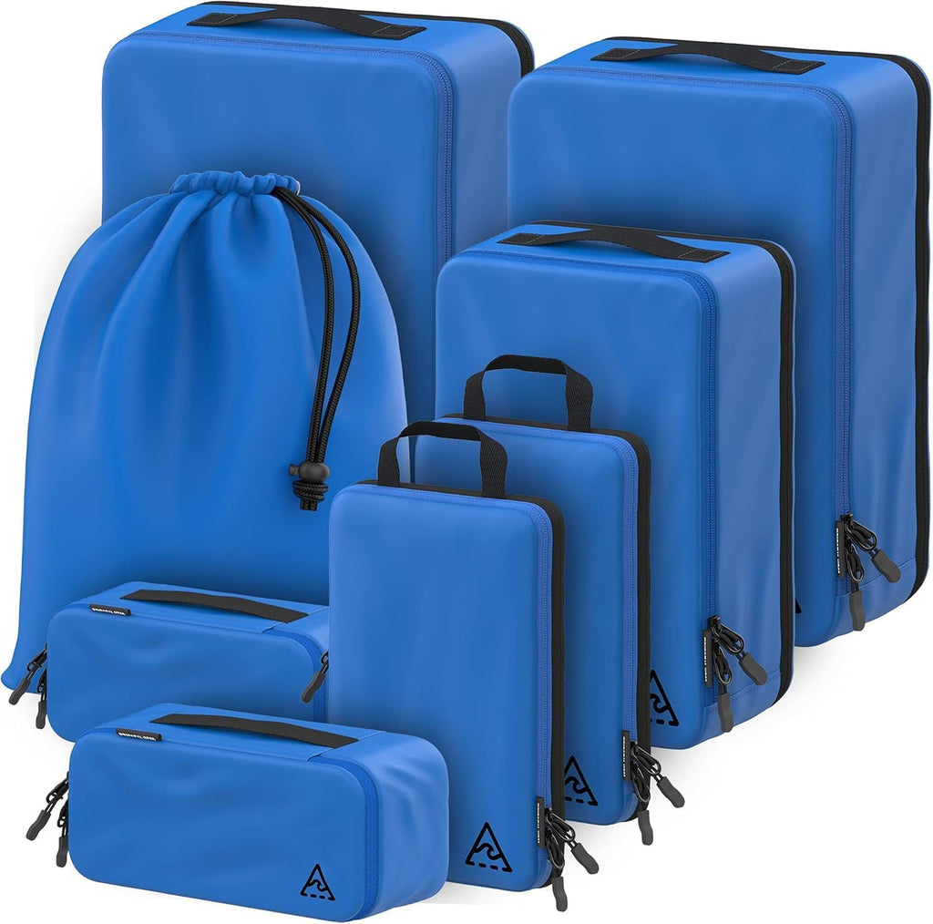 Well Traveled 8 pcs Compression Packing Bags Cubes Set with HybridMax Double-Capacity Design - Packing Cubes for Travel Compression to Maximize Limited Luggage Space, Blue