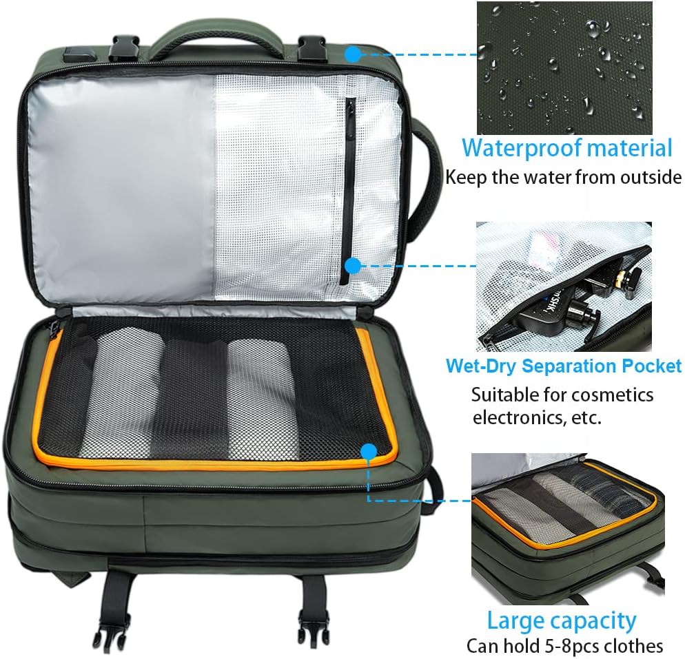 BANGE Carry-on Backpack, 45L Expandable Travel Backpacks,Weekend Backpack Briefcase,Waterproof Laptop Backpack Fits For 17.3” Laptop