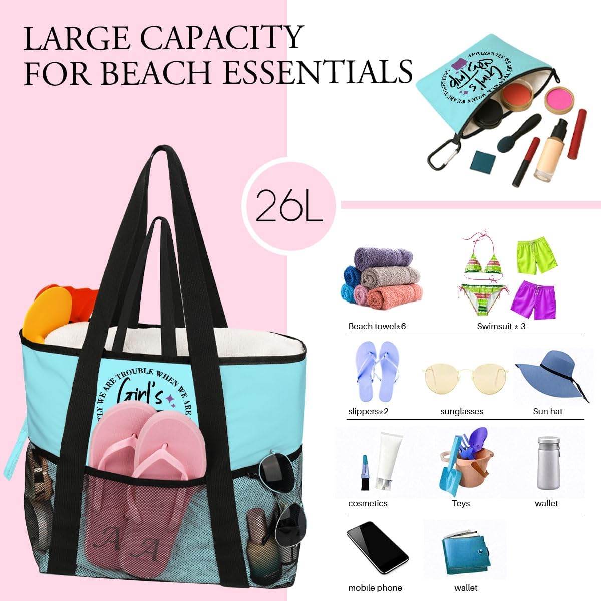 girls trip bags Foldable Waterproof Beach Tote for Women - 8 Zippered Pockets, Lightweight Travel Bag for Swim