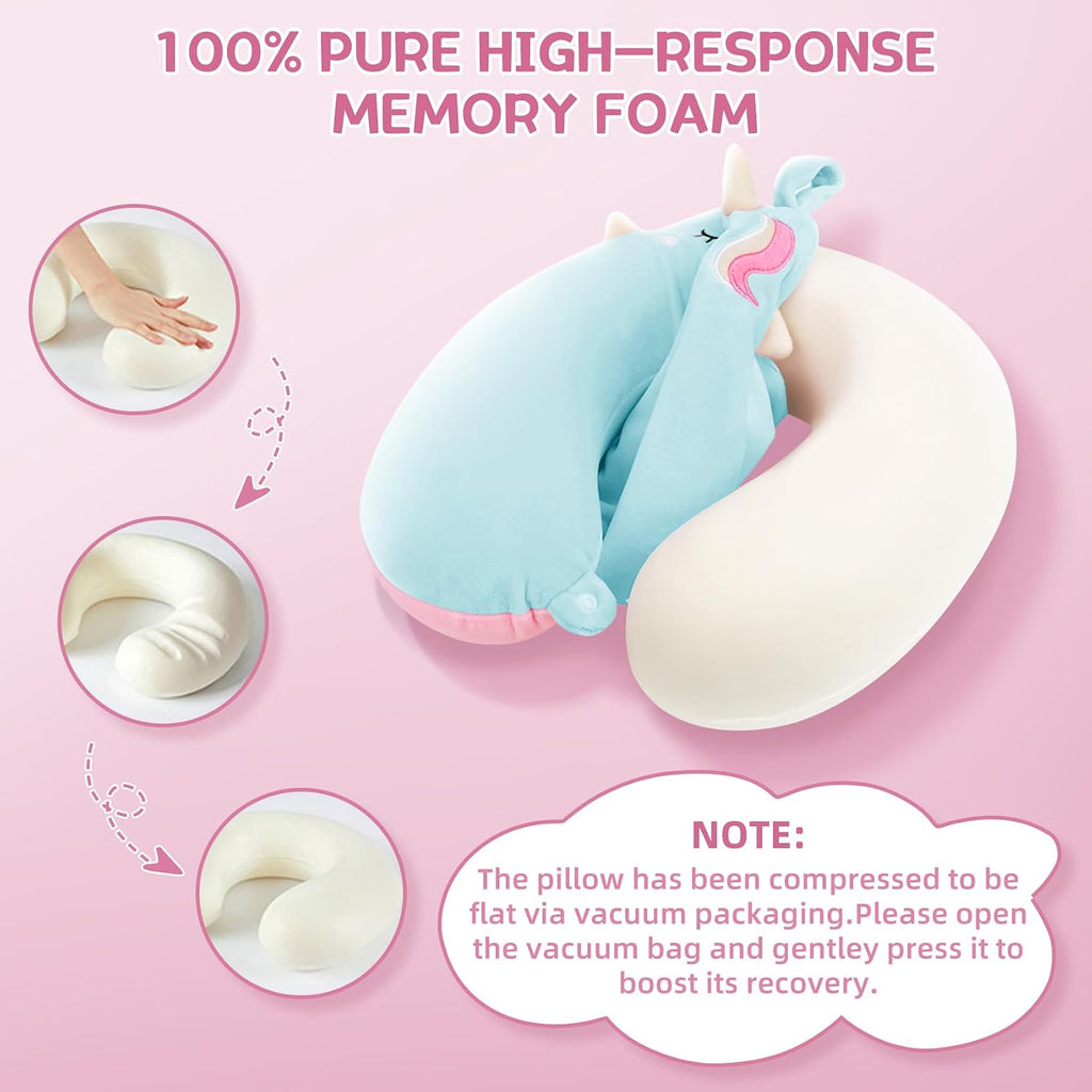 Toddler Neck Pillow, Kids Travel Neck Pillow for Traveling with Eye Mask, Toddler Cute Unicorn Airplane Travel Essentials, Memory Foam Car Flight Sleeping Headrest for Baby Boy Girl Child Gift (Blue)