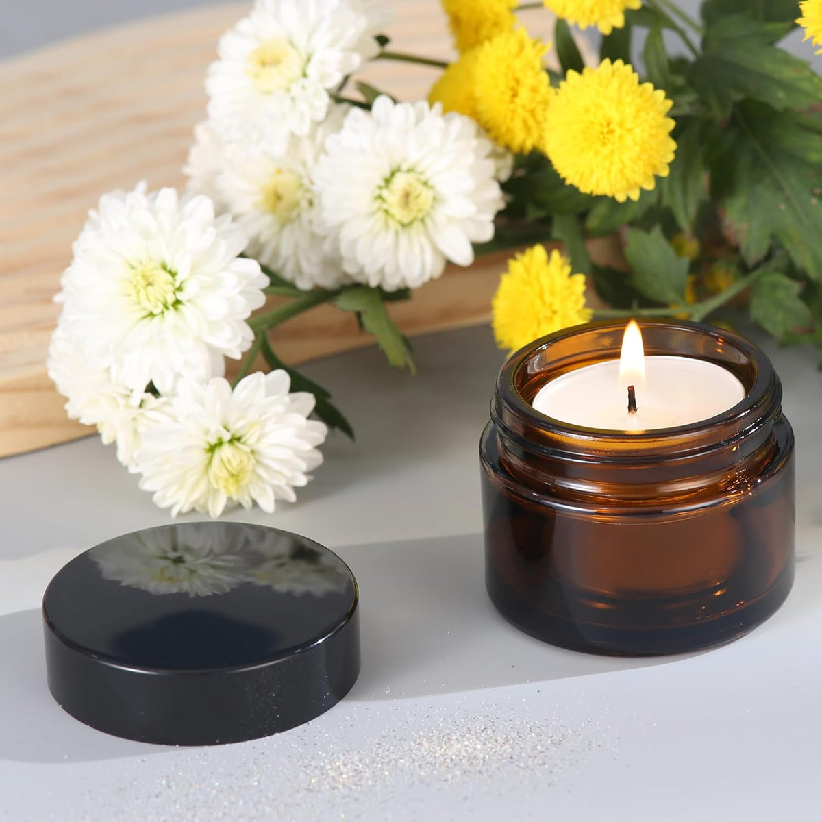 OverNews 2oz Amber Glass Jar Travel Size, 4PCS Empty Cosmetic Lotion Container with Black Lid & Spatula, Small Mini Jar for Beauty