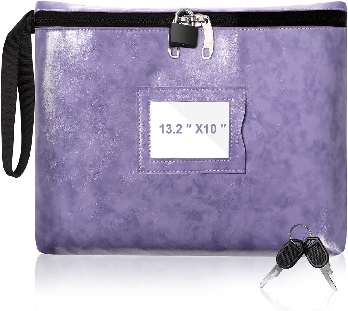 Notary Bag with Lock 13.2 * 10 Inches Purple Leather Notary Supply Bags with handle Cash Bag Locking Document Bags with 2 keys Money Bank Deposit with Zipper for Record Book Stamp Passport