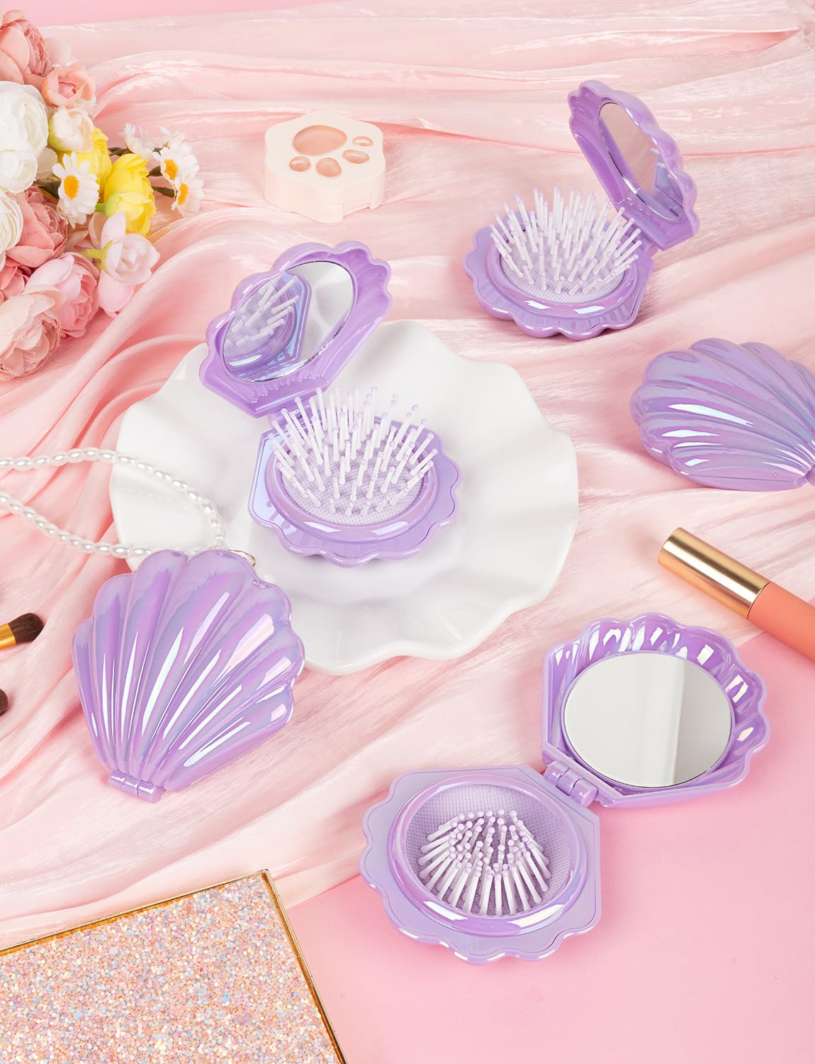 8 Pcs Foldable Travel Shell Hair Brush with Mirror