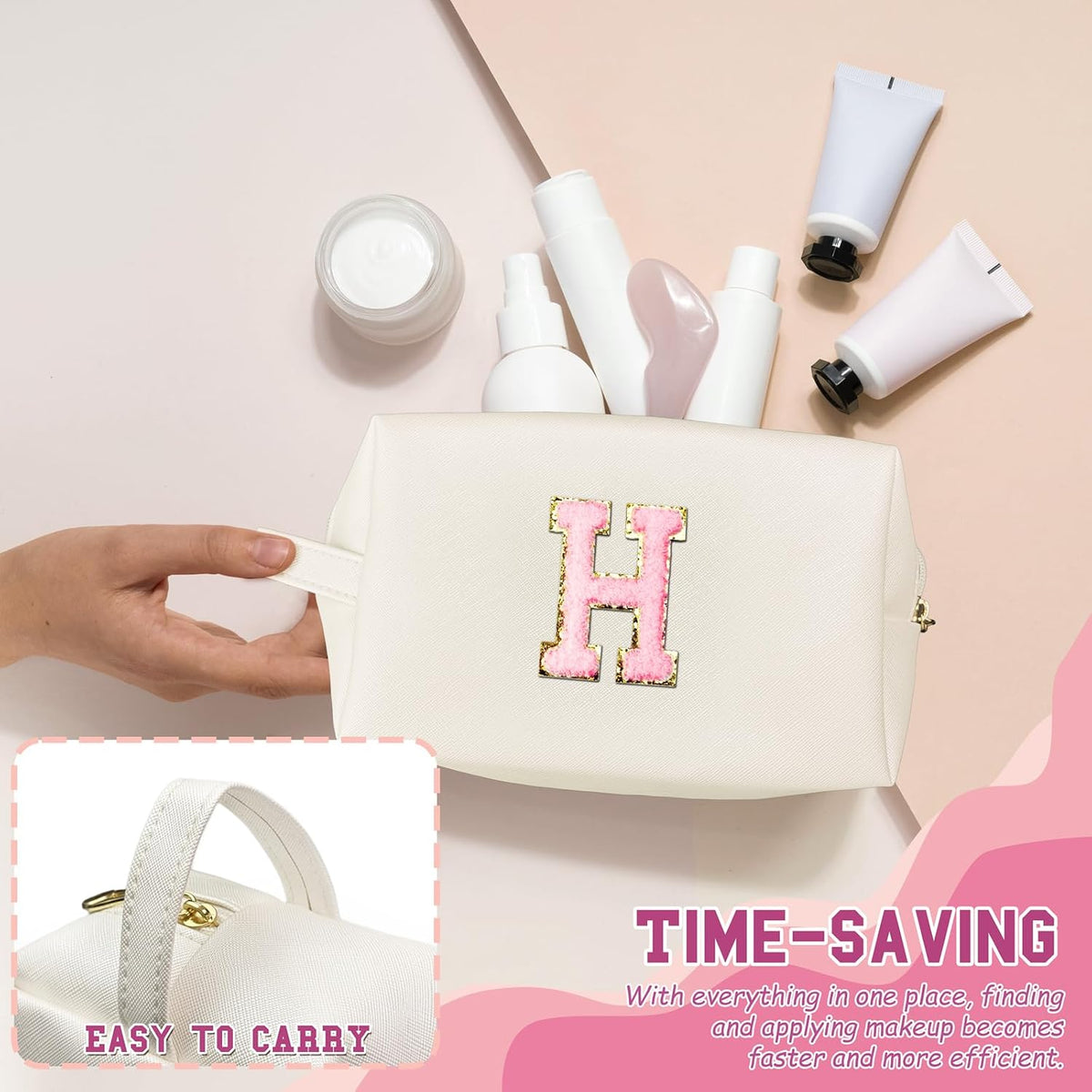 Personalized Initial Makeup Bag with Handle, Preppy Cosmetic Bag with Inner Zipper Pocket, 8 9 10 11 12 13 14 Years Old Girl, Graduation Gifts for Teen Girls Women Teachers (H, White)