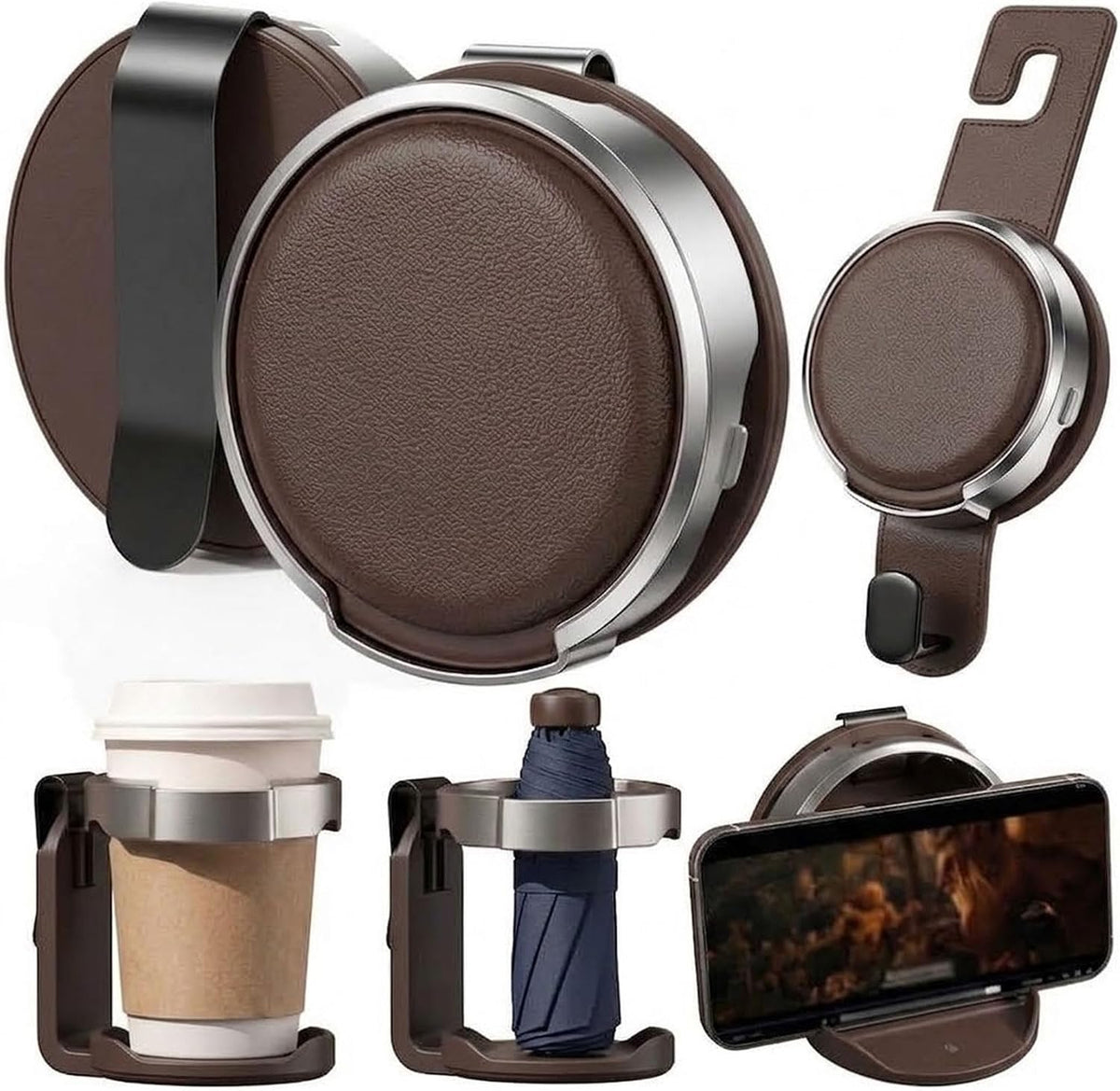 2026 New Foldable Car Door Cup Holder with Hook for Cups Phone Organizer,Brown：for Door：2 Pack,Multi-Functional Car Mount Folds to 3.94'' and Clips to Car Doors Without Tools