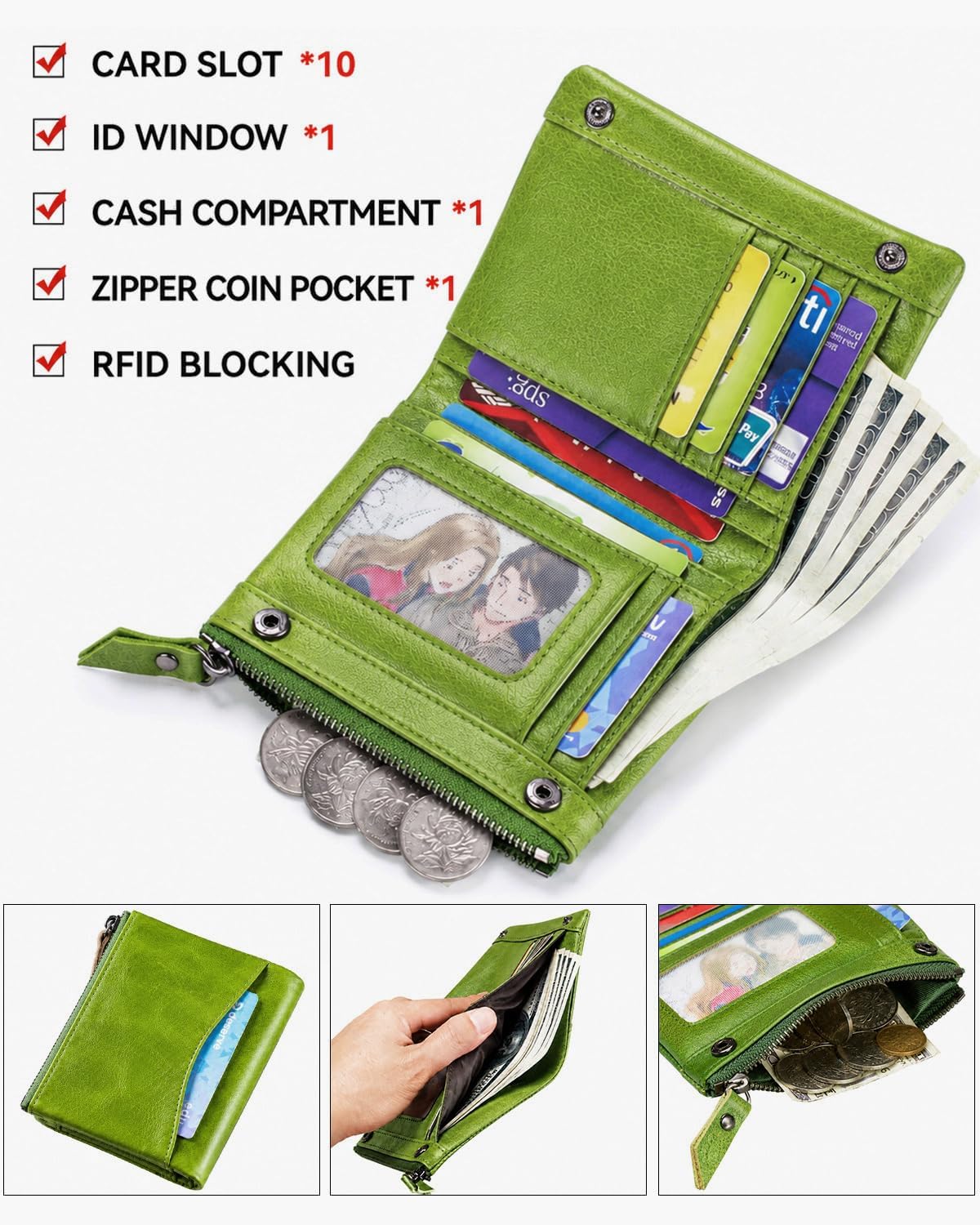 Wallet for Women, RFID Blocking Leather Zip Wallet, 10 Card Slots