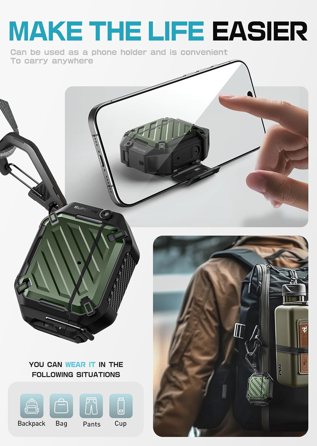 SUPCASE for AirPods 5/4 Case with IP68 Waterproof, Lock & Carabiner,Guldan