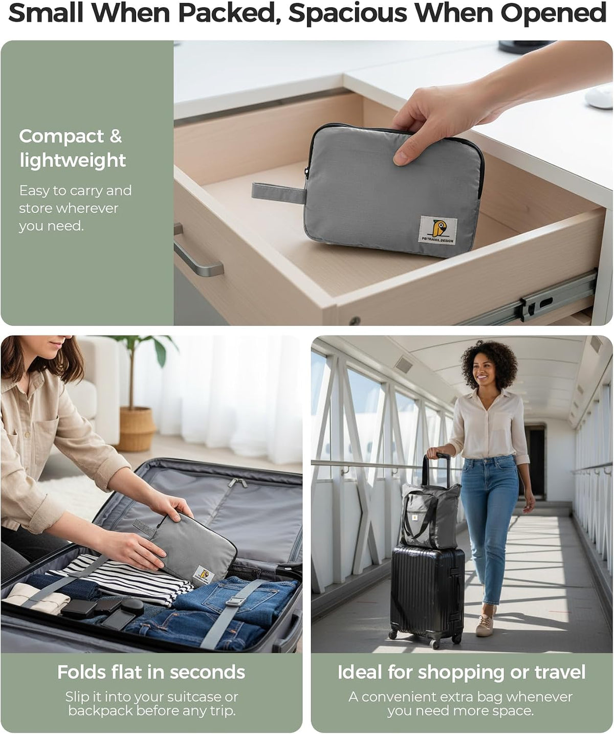 Foldable Travel Bag, 26L Lightweight Weekender Duffel, Expandable Second Carry-On Bag for Travel & Shopping, Water-Resistant Personal Item Bag, Gray