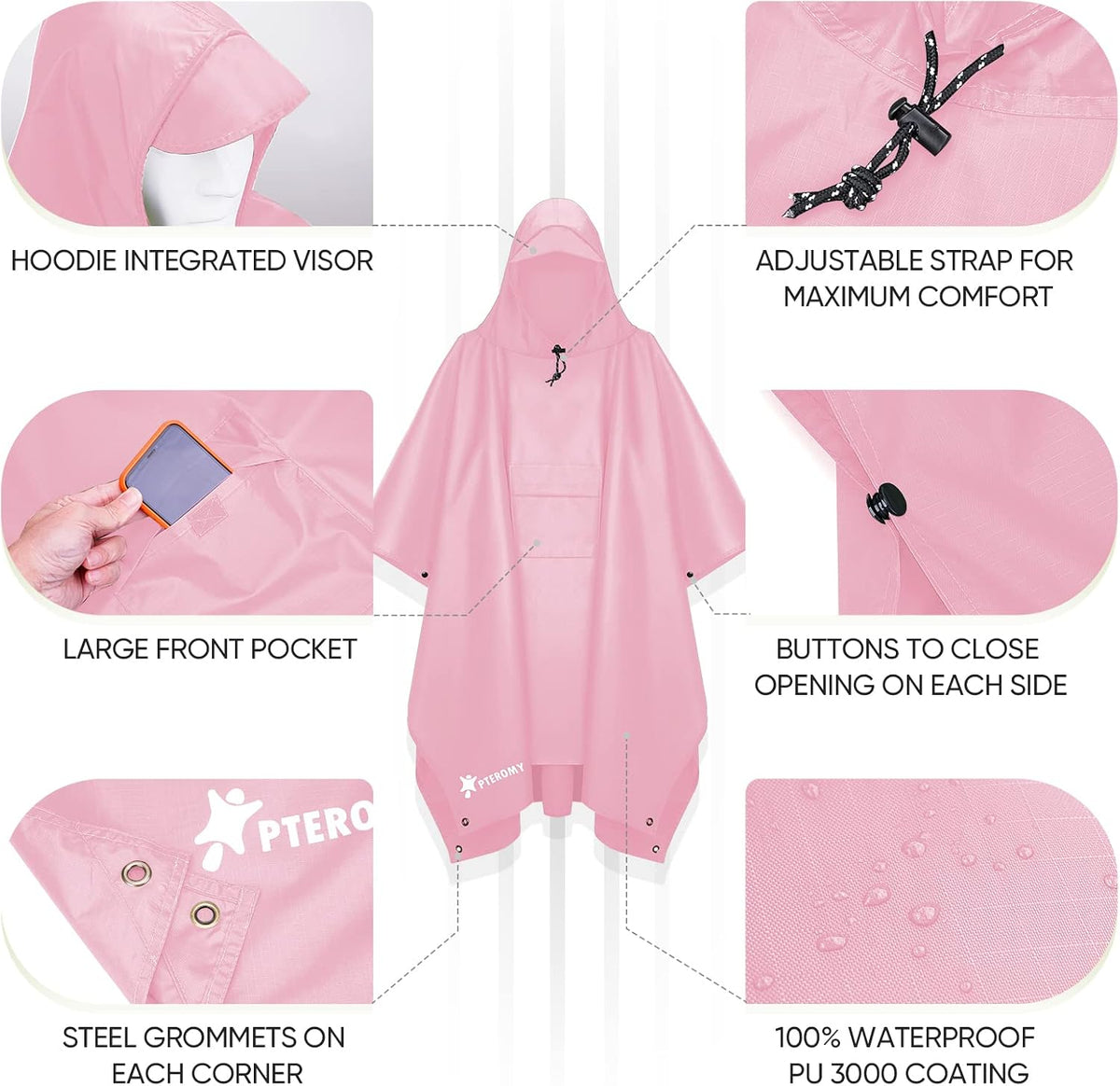PTEROMY Hooded Rain Poncho for Adults, Reusable Waterproof Raincoat