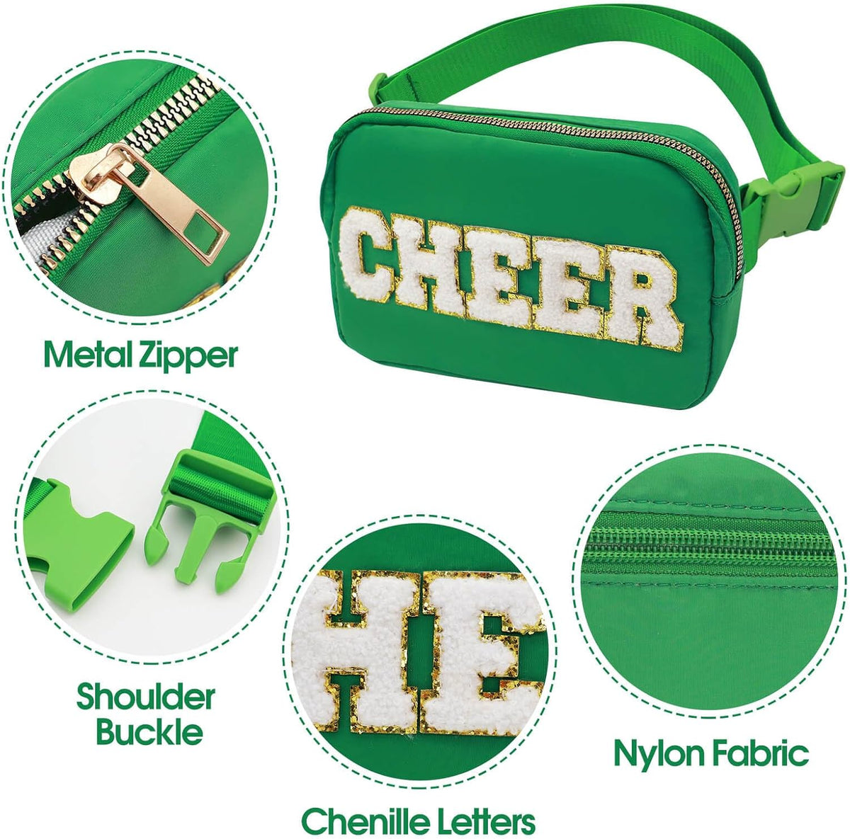 PainZieteg Cheer Fanny Pack for Girls, Chenille Letter Nylon Belt Bag Green