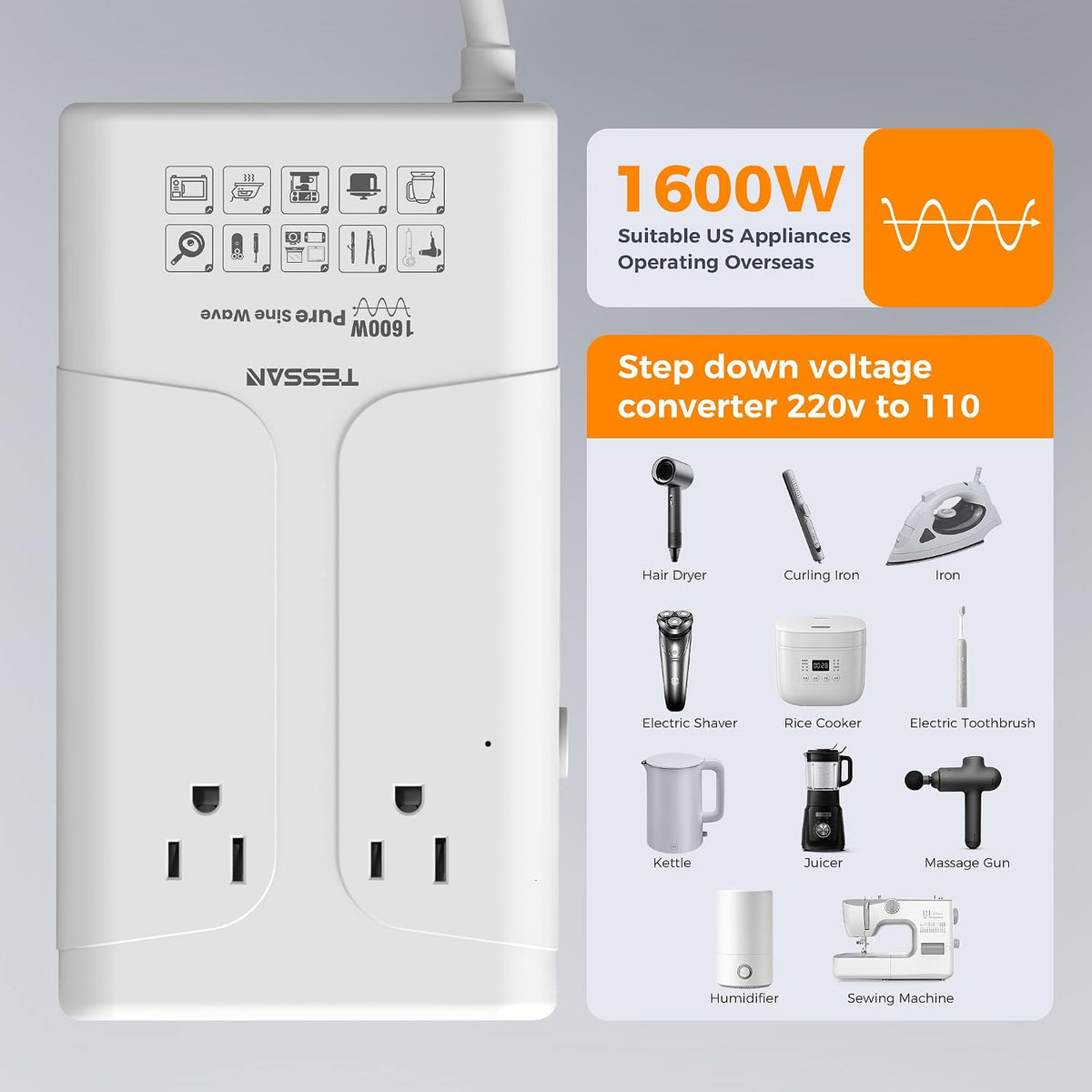 TESSAN 1600W 220V to 110V Voltage Converter US to Europe