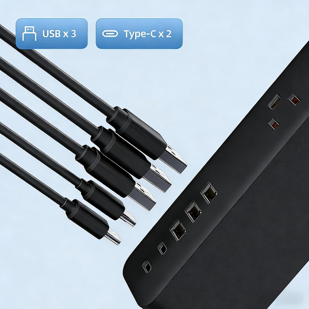 Surge Protector Power Strip，5ft 9 Widely Spaced Outlets, 3 USB A & 2 USB C Ports, Flat Plug Long Extension Cord for Travel Home Office Entertainment, Black