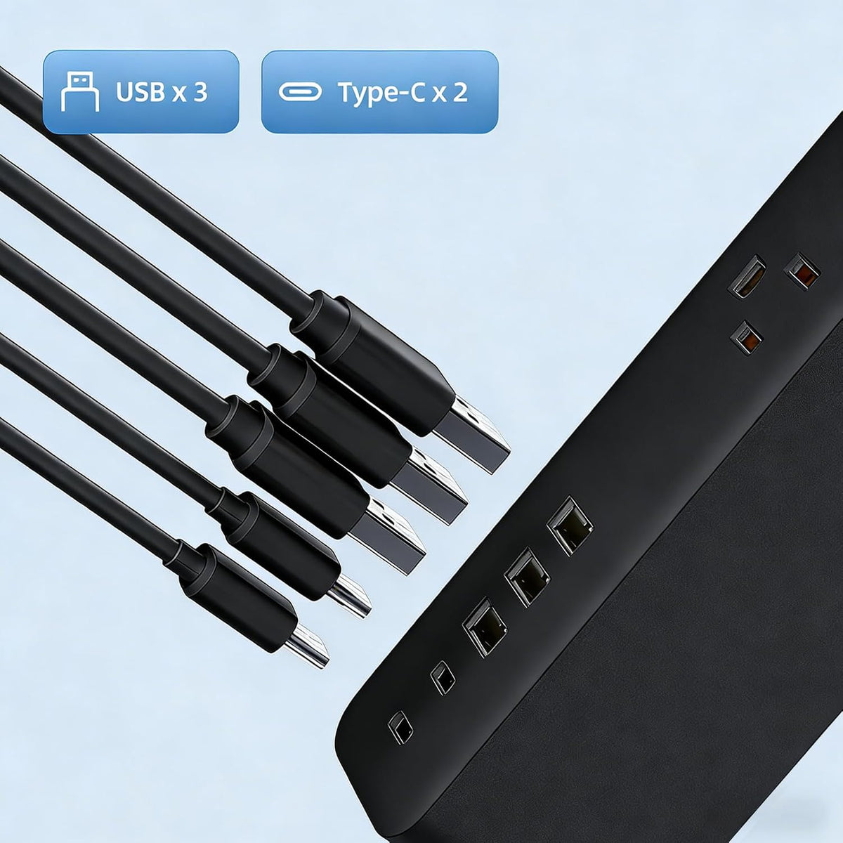 Surge Protector Power Strip，5ft 9 Widely Spaced Outlets, 3 USB A & 2 USB C Ports, Flat Plug Long Extension Cord for Travel Home Office Entertainment, Black