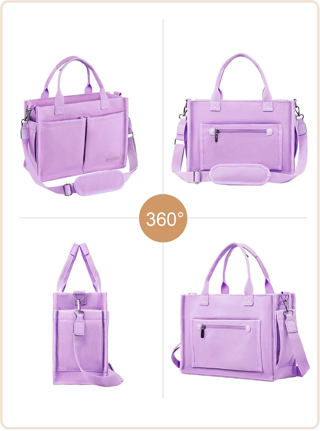 BESBESME Canvas Tote Bag for Women with Zipper, Work Laptop Purse with Compartments & Luggage Sleeve, Adjustable Strap