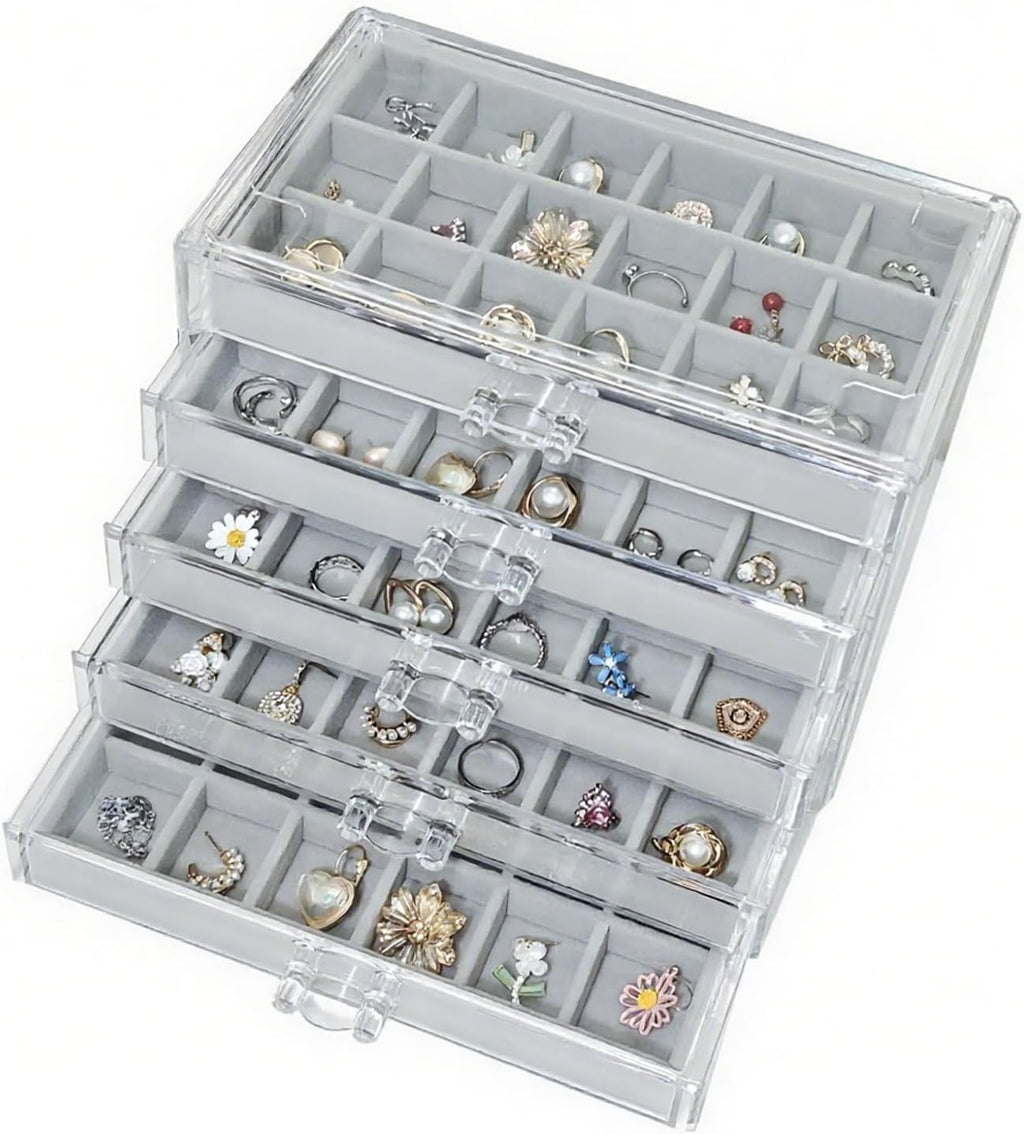 Acrylic Earring Holder Organizer with 5 Drawers Clear Earring Organizer Box with 90 Adjustable Grids Velvet Earring Display Case Jewelry Organizer for Earrings Rings Studs (Grey)