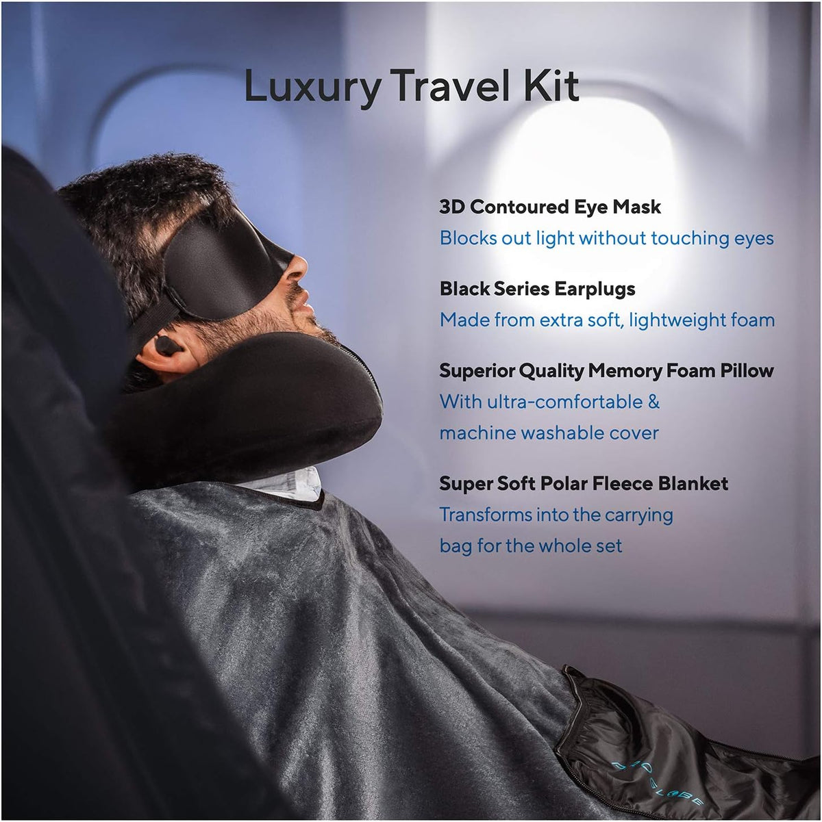Proglobe Travel Blanket Luxury Travel Set - Ergonomic Airplane Neck Pillow 100% Pure Memory Foam and Super Soft Fleece Blanket - Premium 3D Sleep Mask & Earplugs - Ultimate 4-in-1 Traveling Kit Black