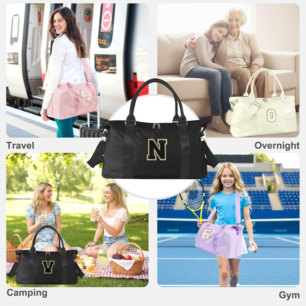 Dance Gym Duffel Bag for Teen Girls,Personalized Initial Travel Weekender Bag,Overnight Carry On Duffle for Women,Sports Travel Cheer Bag,Monogram Graduation Birthday Gifts for Tween Preppy(black-N)