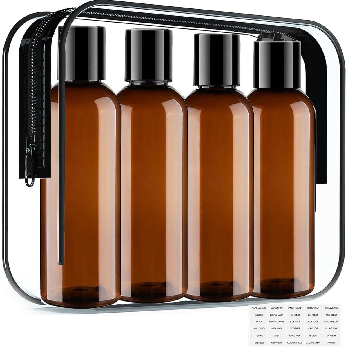 Moonlik Toiletry Travel Bottles, 4Pack 3.4oz/100ml - Squeezable Plastic Containers with Flip Caps - Refillable Cosmetic Kit for Shampoo, Conditioner, Lotion, and Travel Essential- Brown
