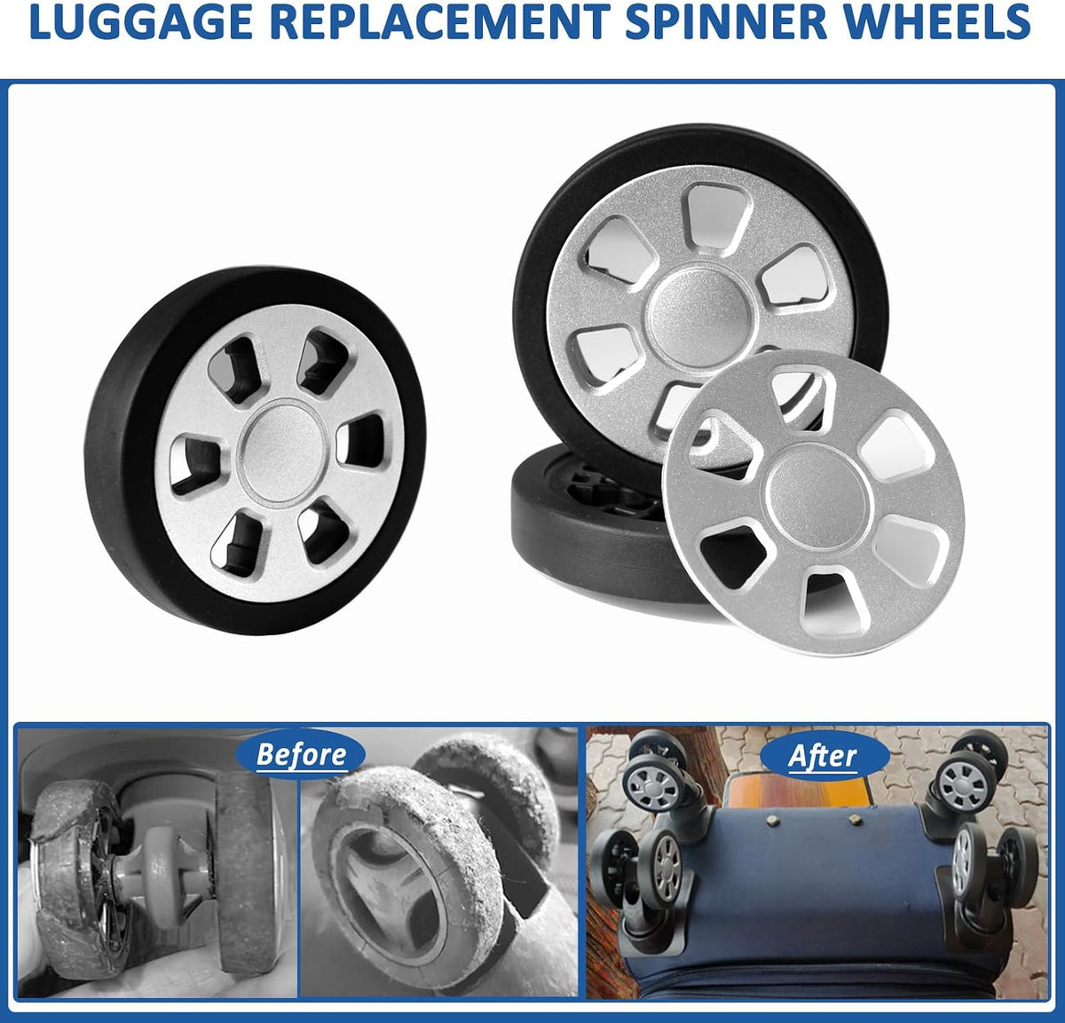 55mm Luggage Replacement Spinners - TPU Rubber Roller with Snap-on Center Cap Lightweight Smooth for Dual Wheels Spinner Suitcase,Travel Trolley,Wheel Bags,Carry on