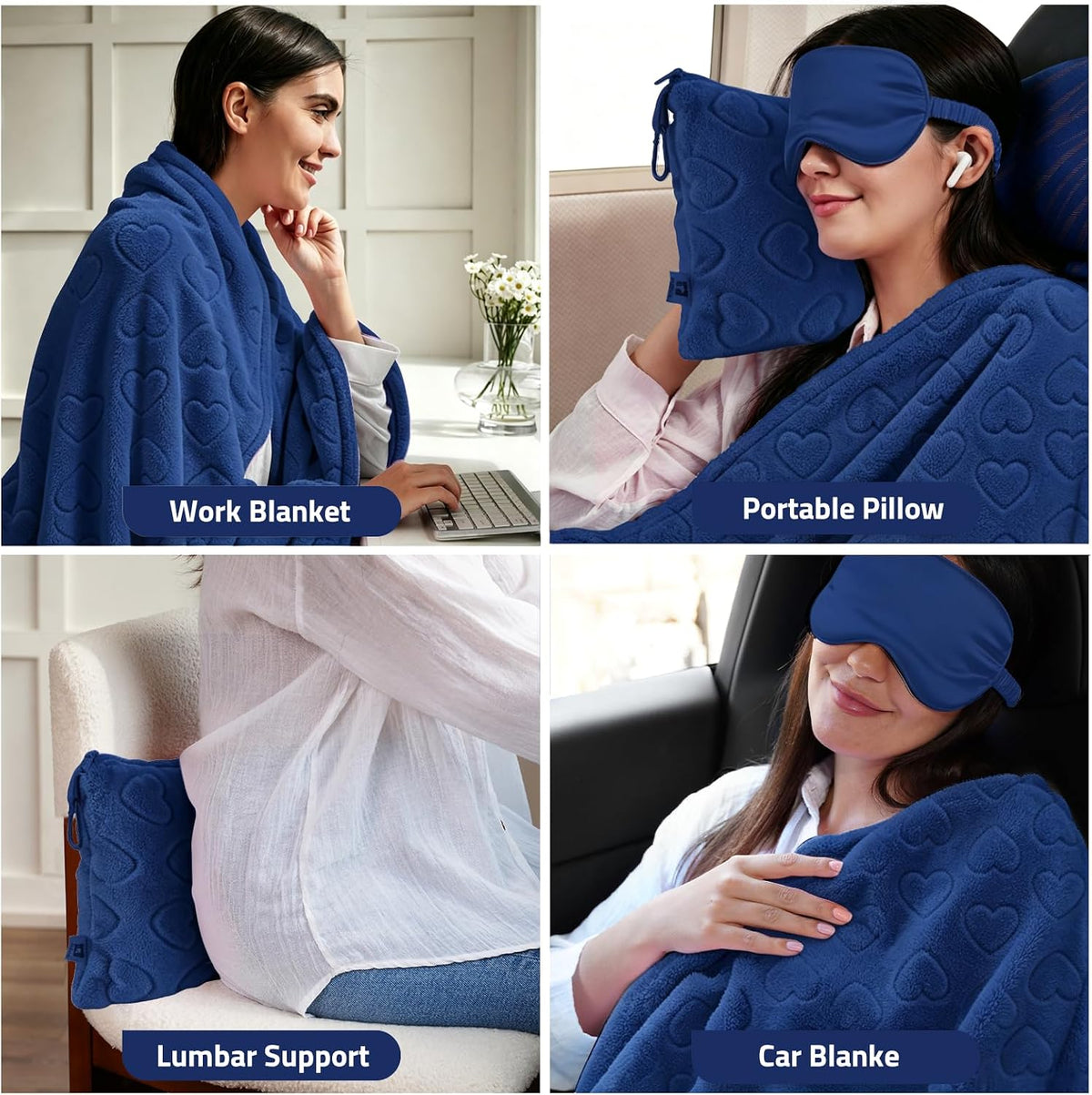 Travel Blanket, Airplane Blanket, Ultra-Soft, Warm & Lightweight, 65x40 in, Outdoor Blanket Essentials for Women, Men & Kids, Included Eye Mask, Luggage Sleeve & Backpack Clip Heart Navy Blue