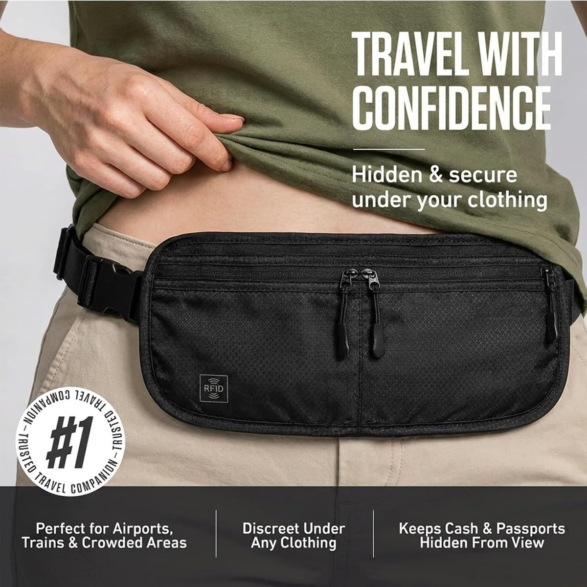 3-in-1 RFID Blocking Money Belt for Travel, Anti- Eletronic Theft Travel Fanny Pack with Adjustable Strap, Lightweight Neck Wallet for Passport, Credit Cards, Phone, and Cash–for Men & Women（Black）