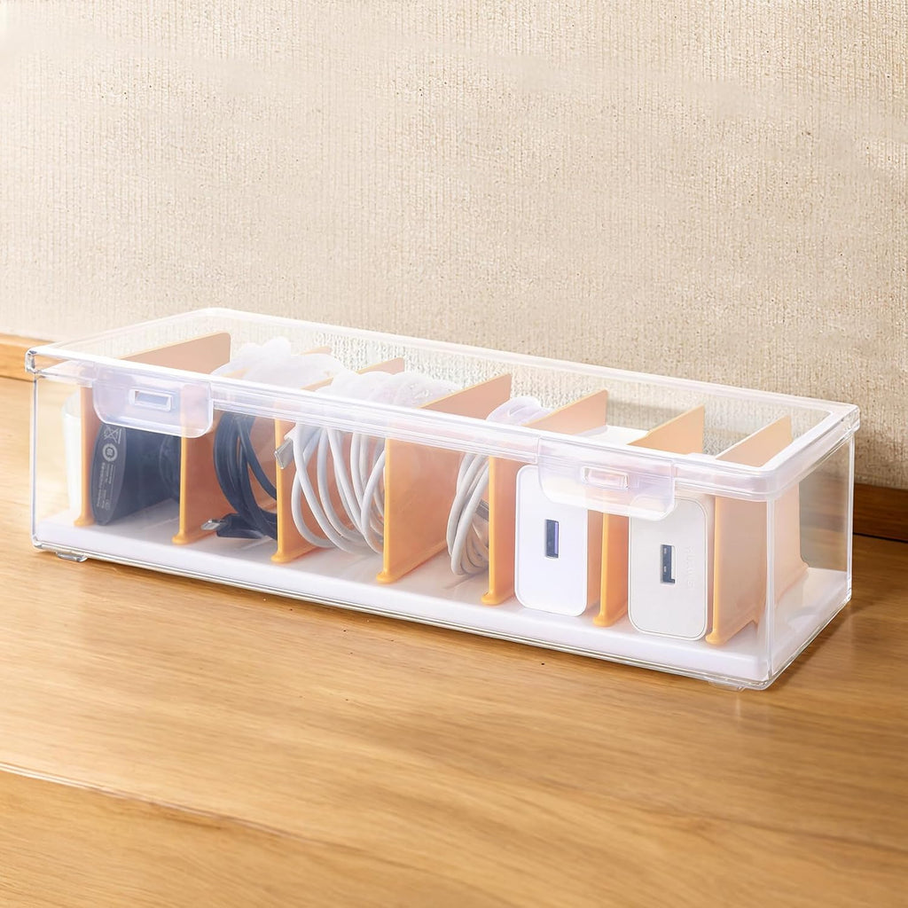 PAVSTINE Clear Cable Organizer Box with Lid and Adjustable Dividers