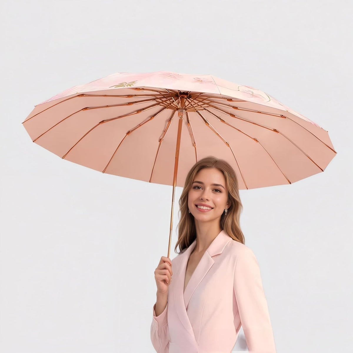 UPF50+ Large Umbrella UV Protection Upgrade Thickened Double-bone Fiberglass Stylish & Durable 16-Bone Windproof Compact Travel Sun & Rain Parasol Flower Vintage Design for Women