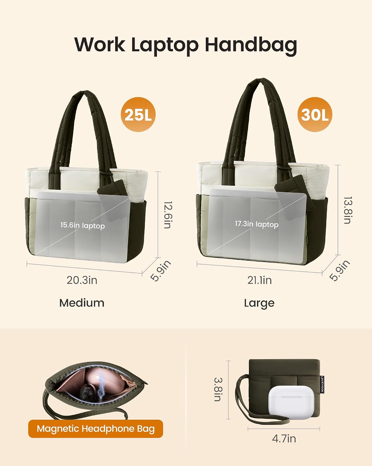 LOVEVOOK Puffer Tote Bag for Women Quilted Work Tote Handbags with Zipper 15.6 inch Teacher Nurse Bags for Office