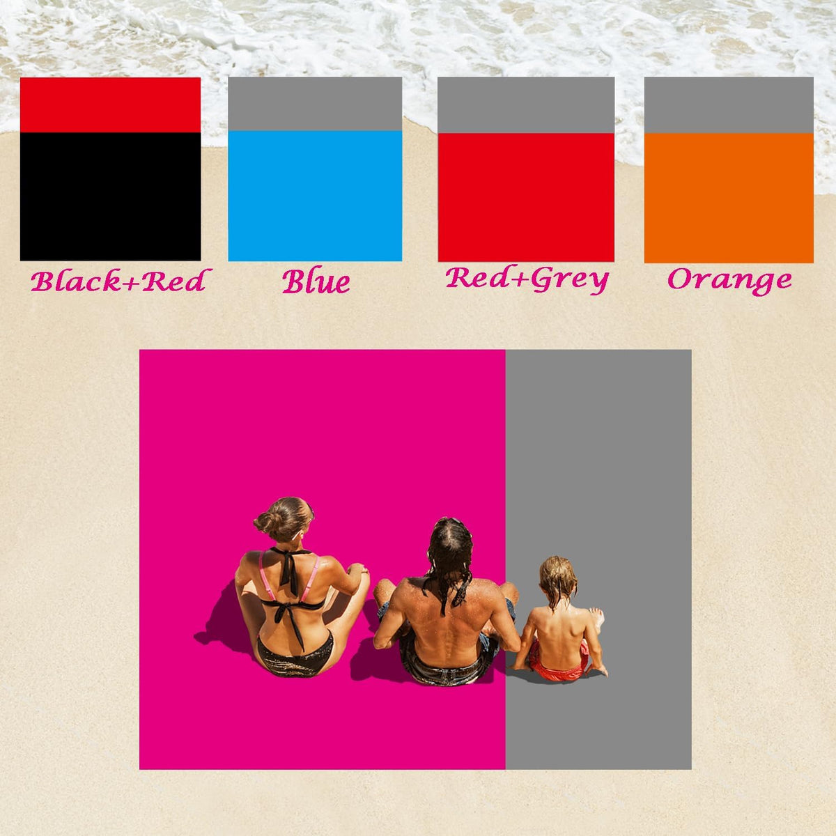 Outdoor Pocket Blanket Extra Large Beach Blanket Sandproof 82″x 78″for 4-6 Adults Compact Foldable Quick Drying Lightweight Picnic Blankets Waterproof with 4 Stakes & Bag (Pink+Grey)