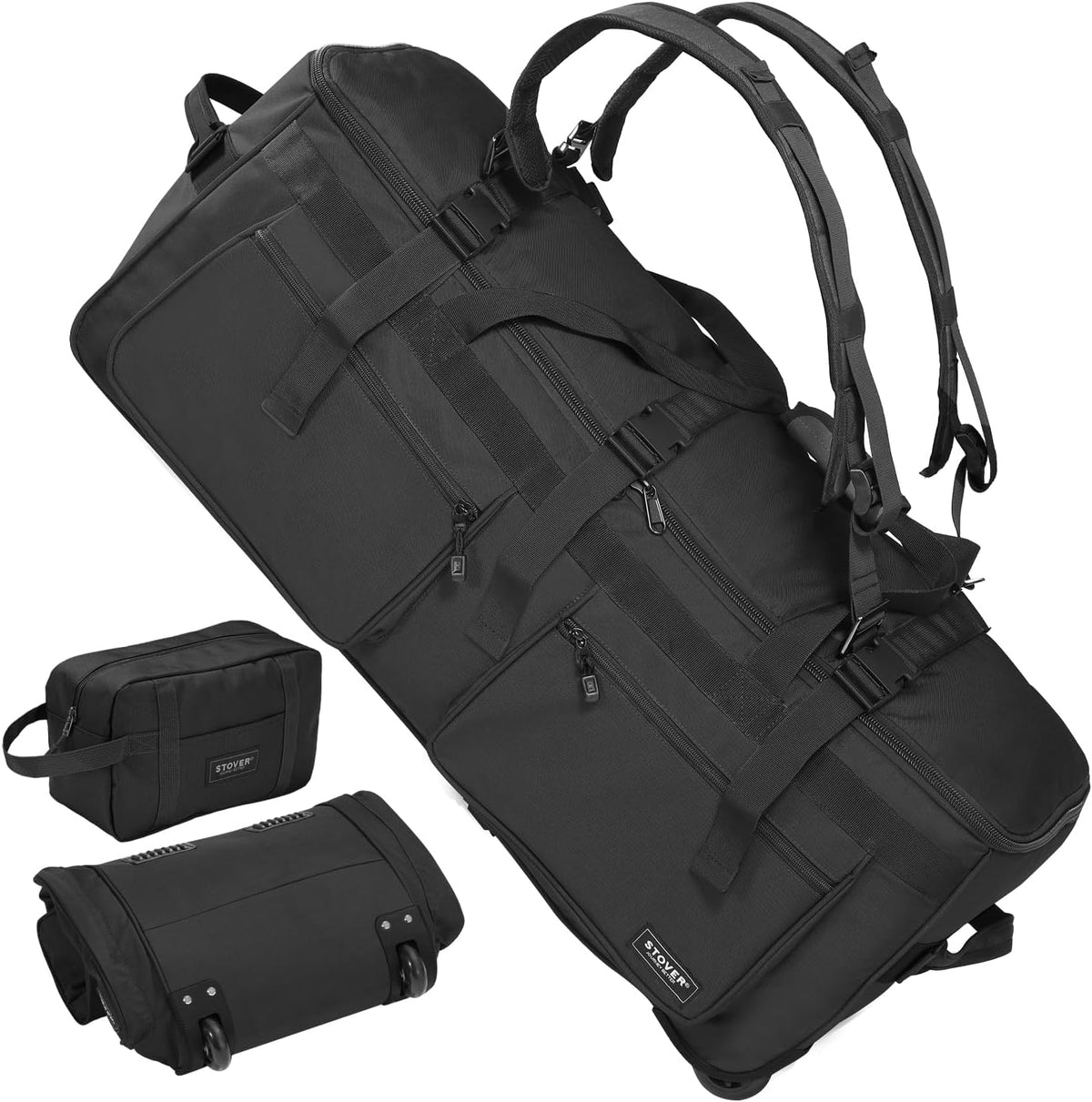 STOVER 45/80/100/120L U-Zip Rolling Duffel Bag with Wheels, X-Large Durable Travel Duffle + Toiletry Bag, Lay-Flat Opening, Packable w/Shoulder Straps- Use as Luggage or Backpack, Men/Women (Black)