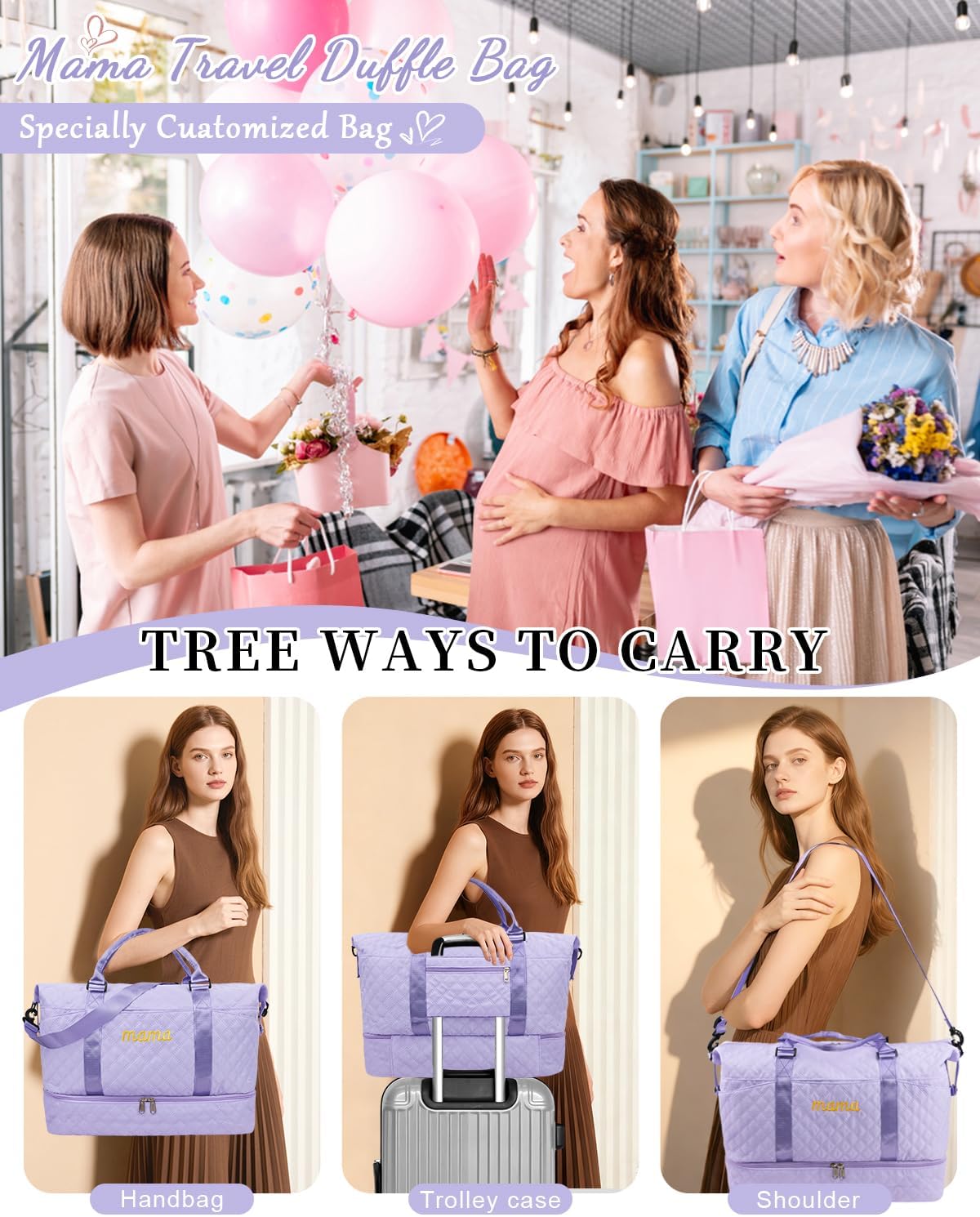 Mama Baby Pregnancy Hospital Bag Essentials for Women Labor Delivery Diaper Organizer with Shoe Compartment,2 Waterproof Toiletry Pouch Travel Duffle Bag for Mommy Weekender Overnight Gym Gifts,Purple