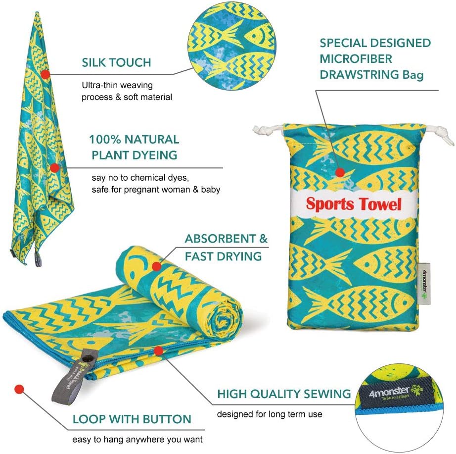 4Monster Quick Dry Beach Towel, Ultra Absorbent Microfiber Travel Towel, Lightweight & Compact for Beach, Swimming, Camping, Pool, Water Sports & Yoga
