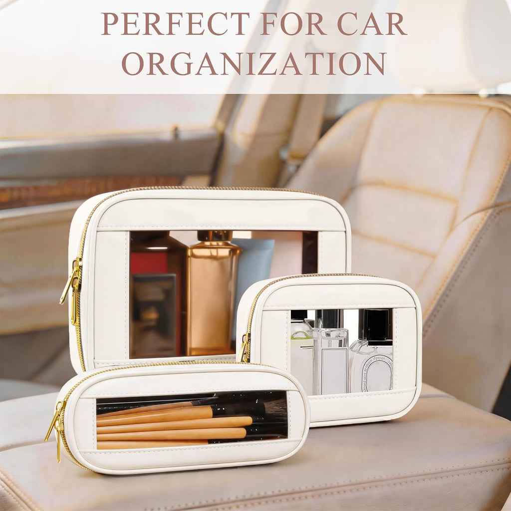 3-Piece Travel Clear Makeup Bag Set, Small Cosmetic Bag with Makeup Brush Case, Leather Waterproof TSA Approved Toiletry Bag with Zipper, Car Organization for Women (Beige-2, Mini+Slim+Medium)