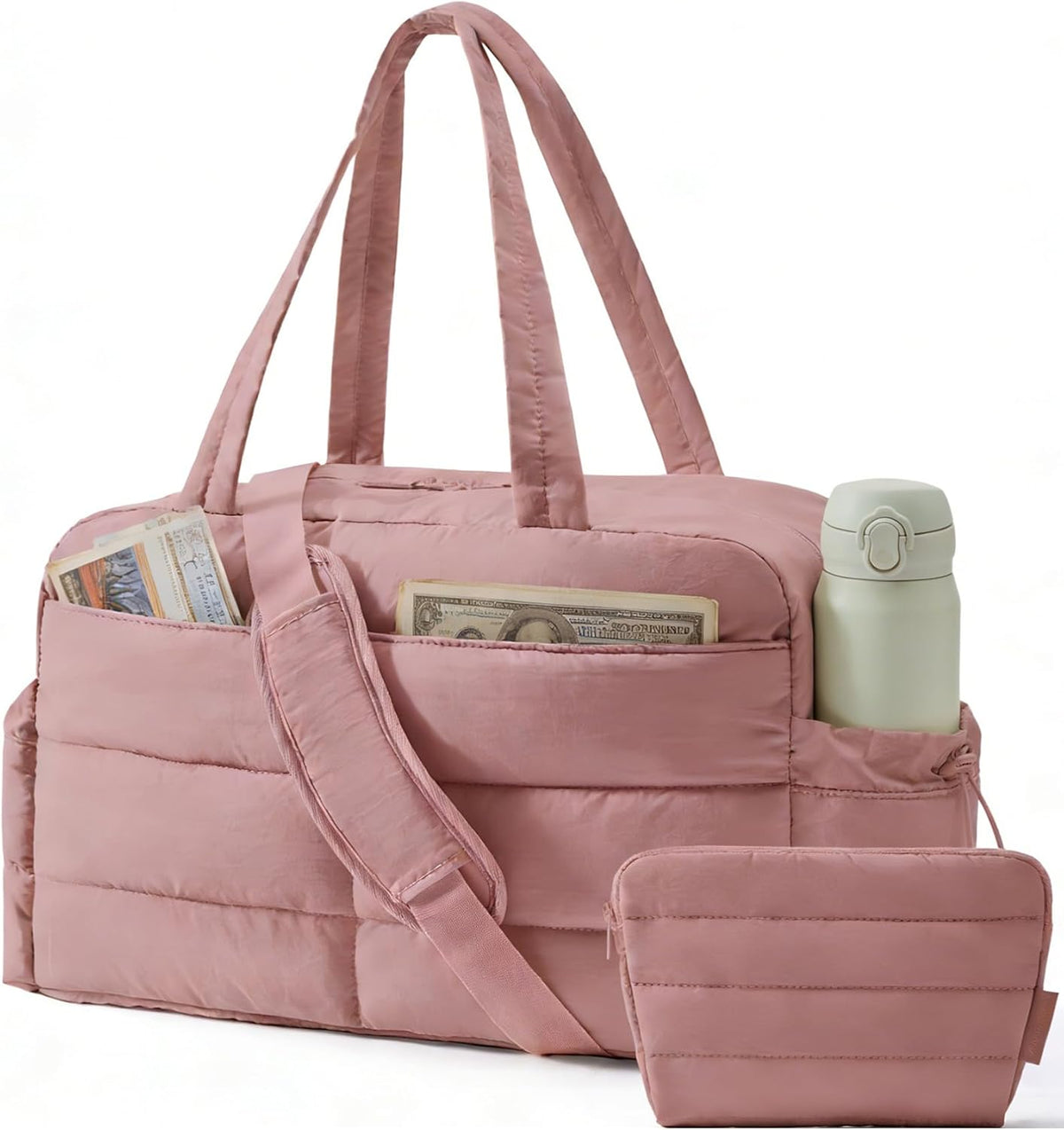 BAGSMART Gym Bag for Women, 2-PC Puffer Travel Duffle Bag Carry On Tote Bag