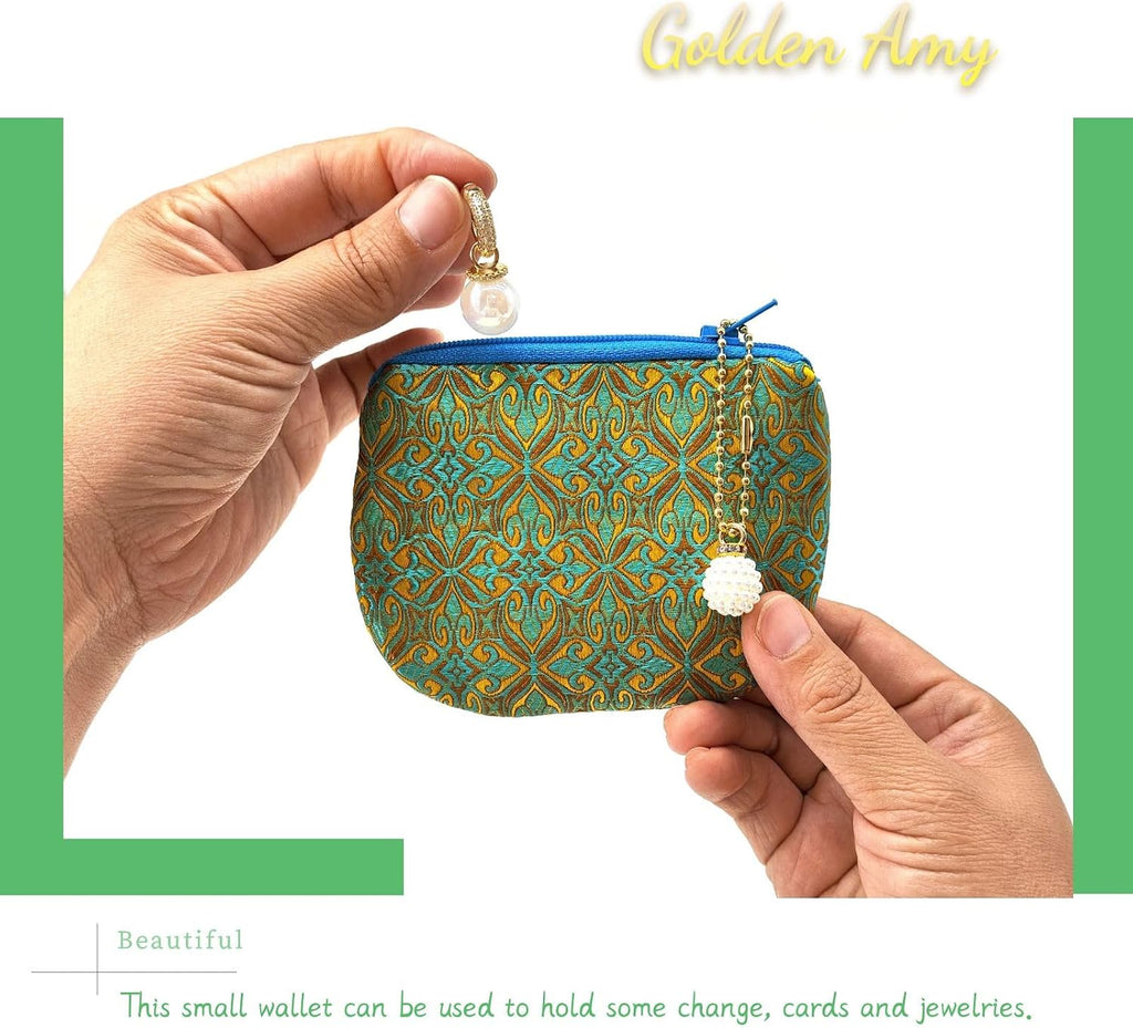 Handmade Rosary Pouch Women Coin Purse Silk Jewelry Bag Brocade Zipper Wallet - Yellow Aquamarine